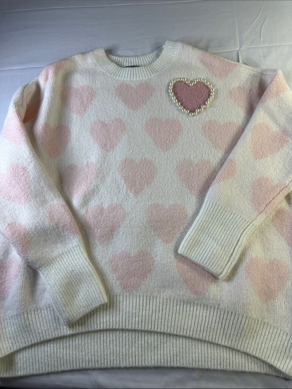 Vince Camuto Cream Sweater with Pink Heart Pattern and Pearl-Trim Patch